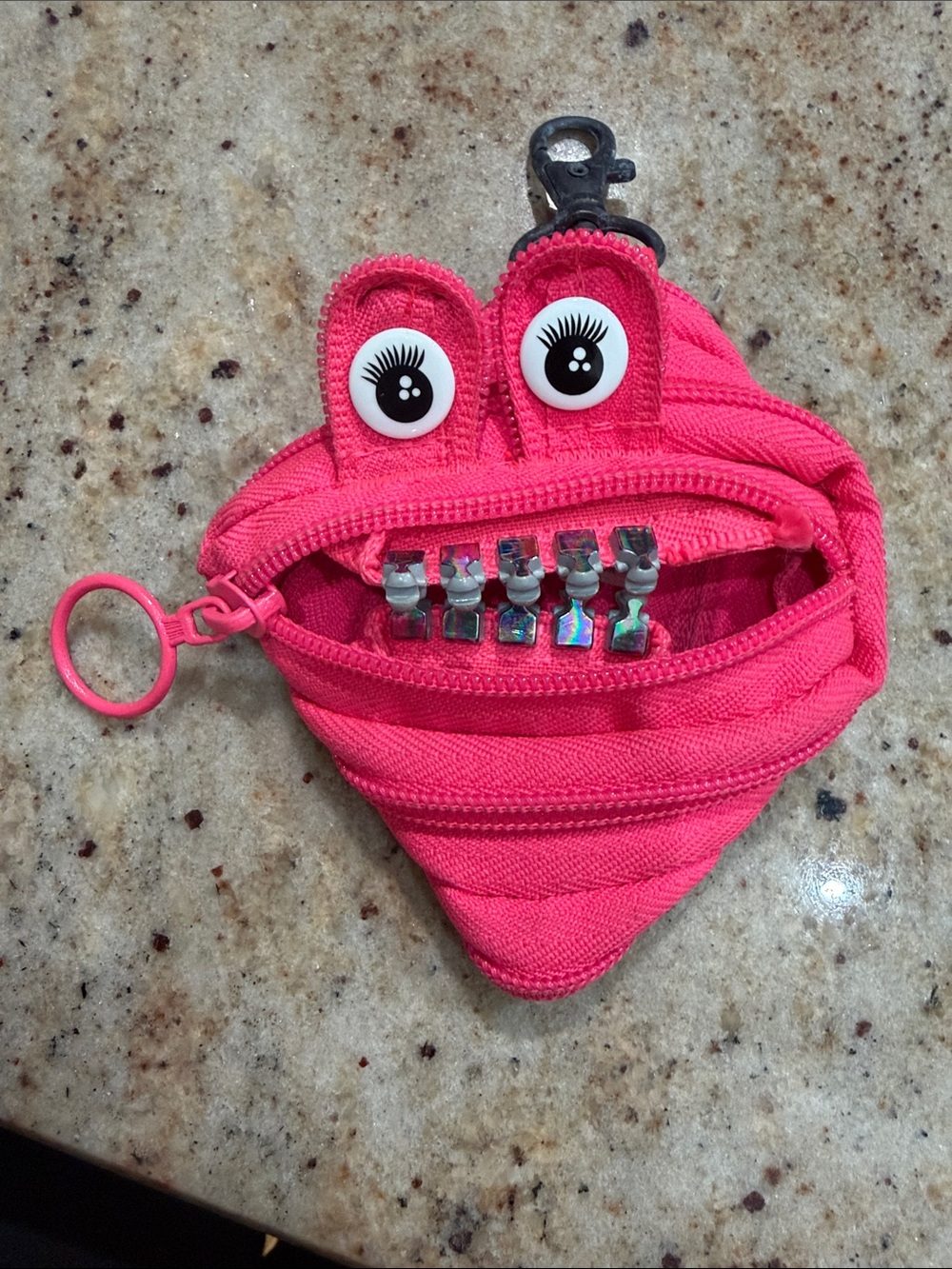 Kids Pink Monster Zipper Coin Pouch with Clip